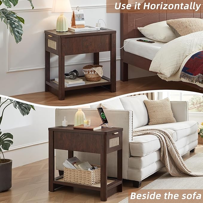 Lerliuo Narrow Night Stand Set of 2 with Charging Station, Boho Nightstand with Drawer, Bed Side End Table with Rattan Shelf for Small Spaces, Wood Nightstands Bedside Tables for Living Room Bedroom
