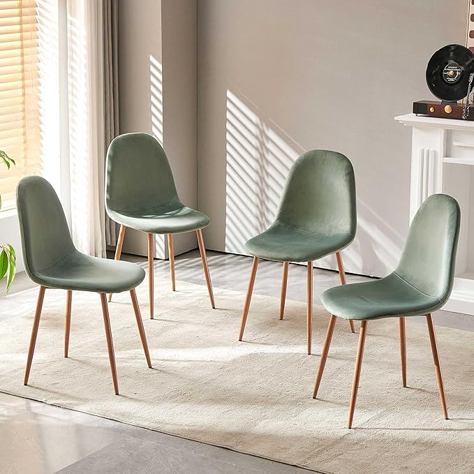 Velvet Dining Chairs Set of 4, Upholstered Dining Room Chairs with Oak Look Foiled Steel Legs, Comfortable Armless Kitchen Chairs for Living Room, Green