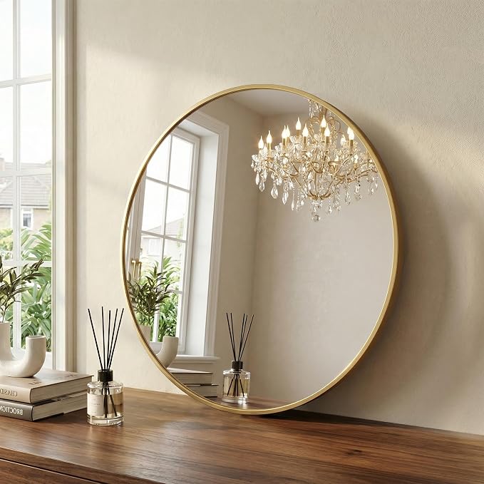 28 Inch Gold Round Bathroom Wall Mirror, Round Mirrors for Wall Decor, Circle Mirror for with HD Shatter-Proof Glass for Entryway, Living Room, Bedroom, Dressing Room, Home Decor
