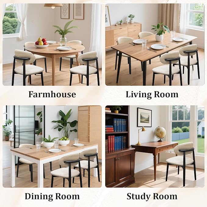 Farmhouse Dining Chairs Set of 2, Mid Century Modern Fabric Upholstered Kitchen Chairs, Wooden Dining Room Chair with Curved Back&Black Legs for Kitchen Dining Room Restaurant Cafe, Beige, Only Chairs