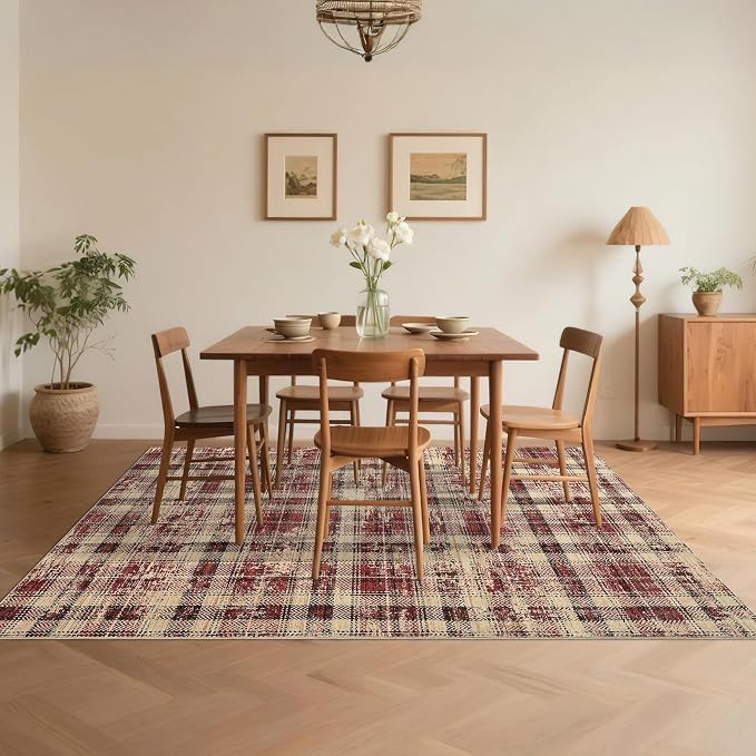 Washable Rugs 8x10 Rug for Living Room Bedroom Rug Modern Plaid Area Rug Soft Carpet 8'x10' Red