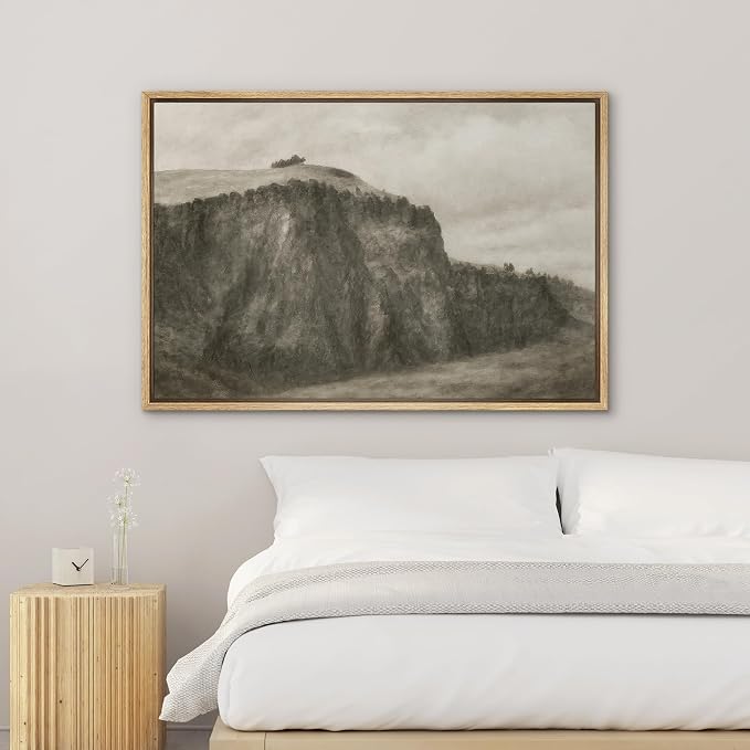 SIGNWIN Framed Canvas Print Wall Art Misty Cliffside Landscape Neutral Sepia Mountain Scene Illustrations Minimalism Decorative Boho Retro for Living Room, Bedroom, Office - 24"x36" Natural