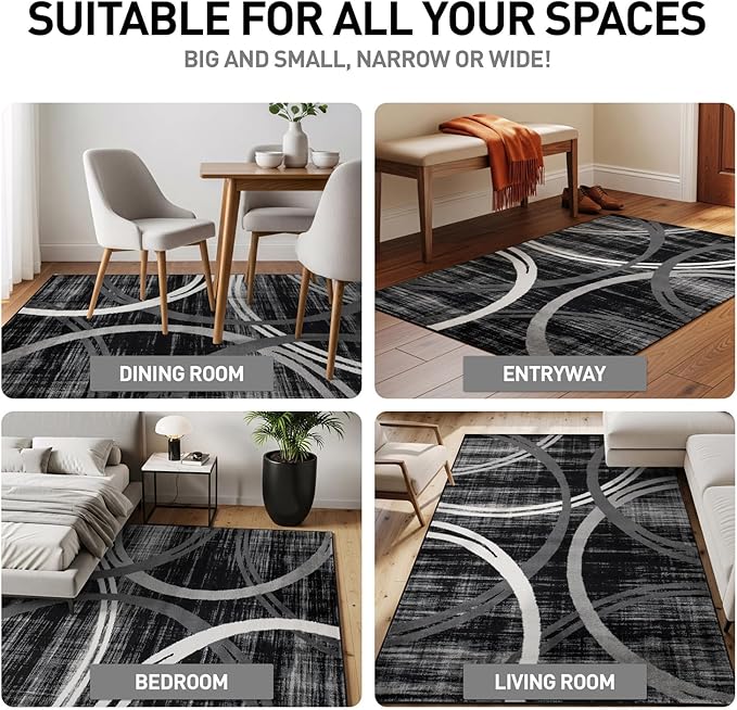 Rugshop Modern Wavy Circles Design Area Rug, Carpet with Jute Backing for Living Room, Dining Room, or Office, Black, 7'10" x 10'2"