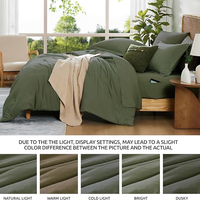WRENSONGE Twin XL Comforter Set- 5 Pieces Olive Green Twin XL Bedding Sets with 1 Fitted Sheet, 1 Flat Sheet, 1 Pillow Sham and 1 Pillowcase
