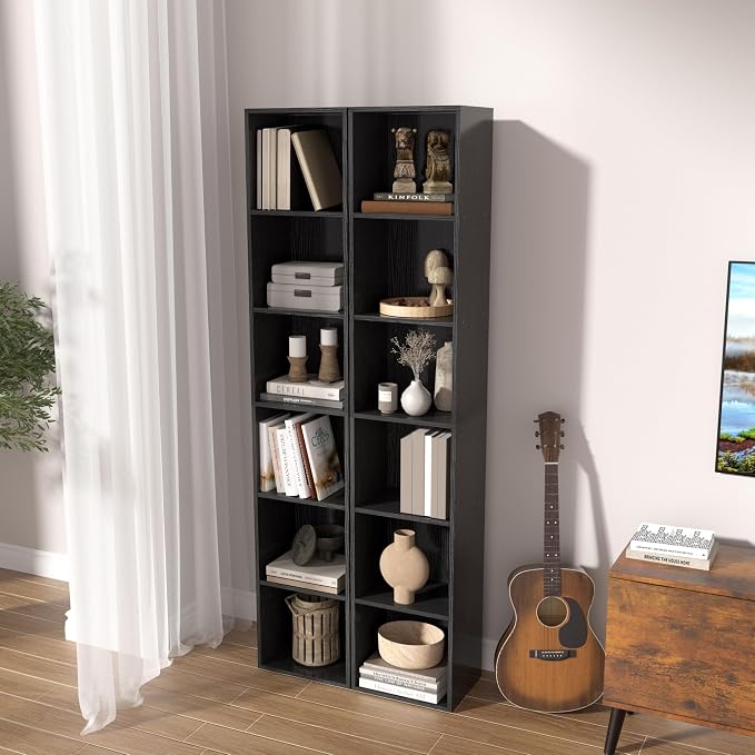6-Tier Wooden Cube Storage Organizer, 62 Inch Tall Bookcase & Display Shelf with 6 Open Cubes, Freestanding DIY Closet Shelving Unit for Living Room Bedroom Office (Black, 6 Cube-W(11.8inch)