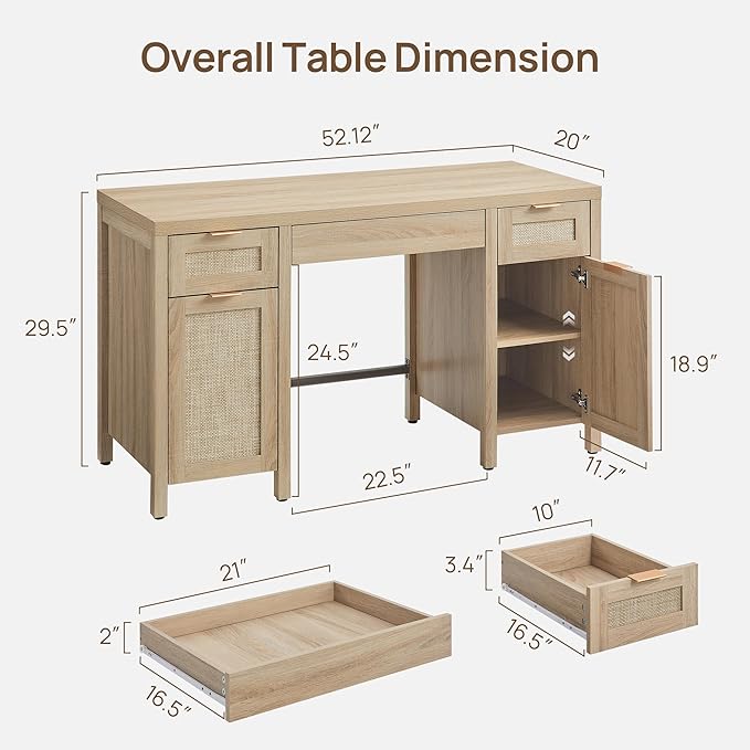 SICOTAS Rattan Executive Desk with Storage - Larger Home Office Desk with Drawers and Cabinets, Boho Computer Table for Study, Office, Living Room, Light Oak (2 Pieces)