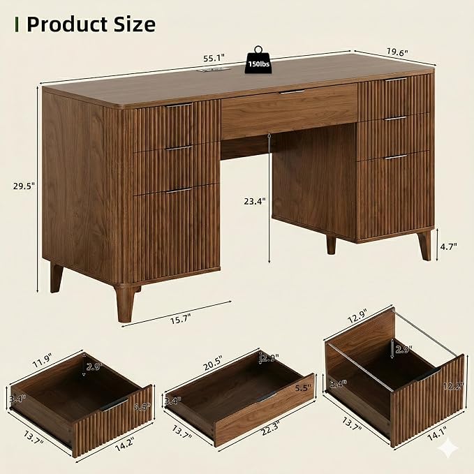 Walnut Desk with Drawers, 55" Fluted Executive Desk with Storage Cabinet, Wood Home Office Desk with File Cabinet, Modern Computer Writing Desk for Study, Living Room, Bedroom