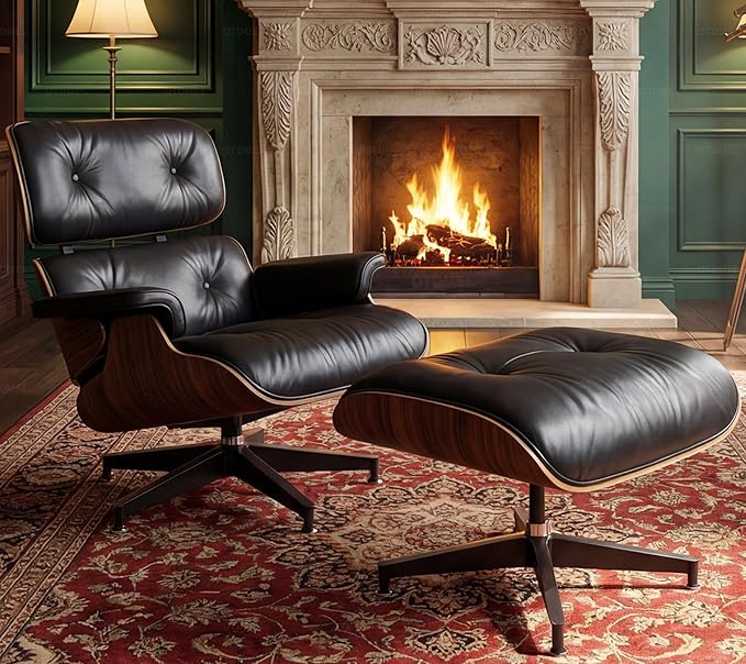 Luxury Top Black Grain Leather Mid Century Chaise Lounge Chair with Ottoman, Premium Handcrafted Walnut Wood, Ergonomic Modern Accent Chair for Living Room Office