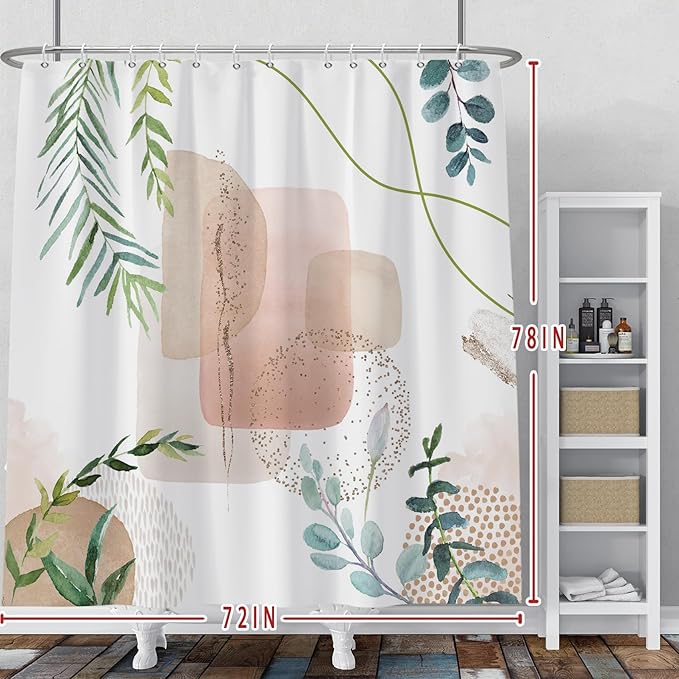 Baocicoo Minimalist Leaves Shower Curtain - Modern Abstract Geometric Botanical Shower for Bathroom, Family, Camping, Hostel - Polyester with Hooks - 72x78 Inches