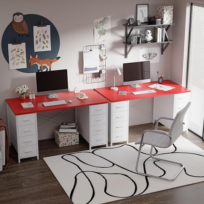 Pamray 47 Inch Computer Desk with 8 Fabric Drawers PC Gaming Desk Home Office Study Work Writing Table for Bedroom Red