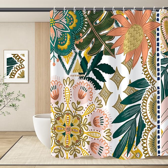 Bohemian Floral Bathroom Shower Curtain - Colorful Boho Leaves Flowers with Hooks - Polyester Waterproof Fabric Paisley Unique Trendy Woman Shower Curtain Decor, 48x72 Inch