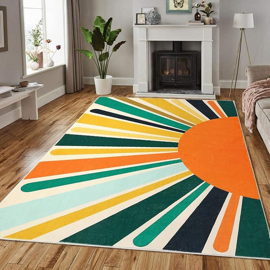 Garvee Sun Rug for Living Room, 4x6 Area Rugs Washable Non Slip Bedroom Carpet Ultra Thin Cute Soft Kids Nursery Rug, Rainbow Sun Print Non-Shedding Indoor Rugs for Entryway, Colorful Yellow Green