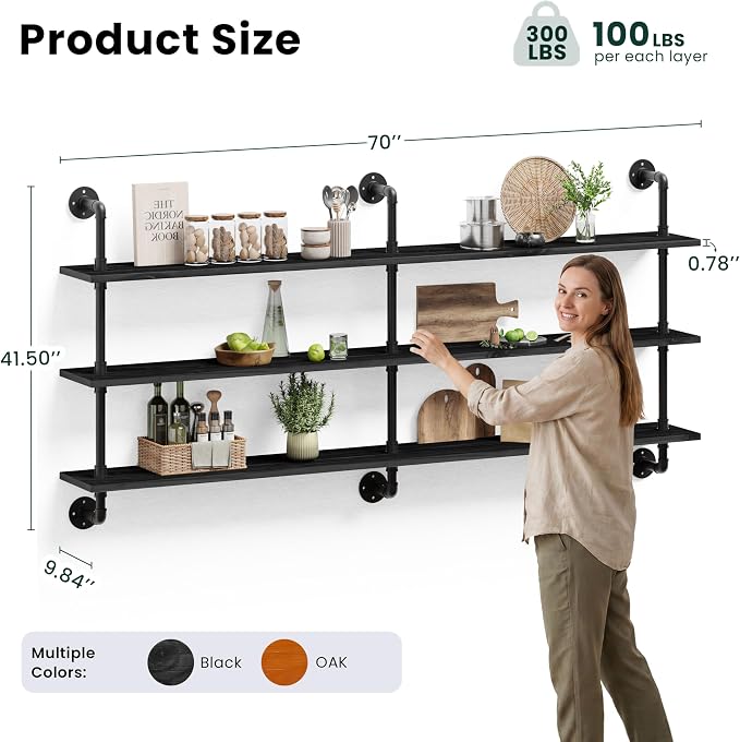 HDDFER Floating Shelves 70 inch Wall Bookshelf Industrial Pipe Shelving Shelves Real Wood Planks Rustic Wall Shelves Hanging Bookshelves Farmhouse Kitchen Bar Shelving