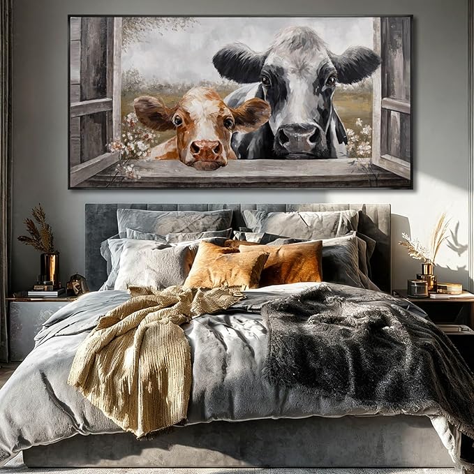 Modern Framed Wall Decor Cow Wall Art Grey and Brown Picture Prints 29"x58" Decorations for Bedroom Posters for Living Room