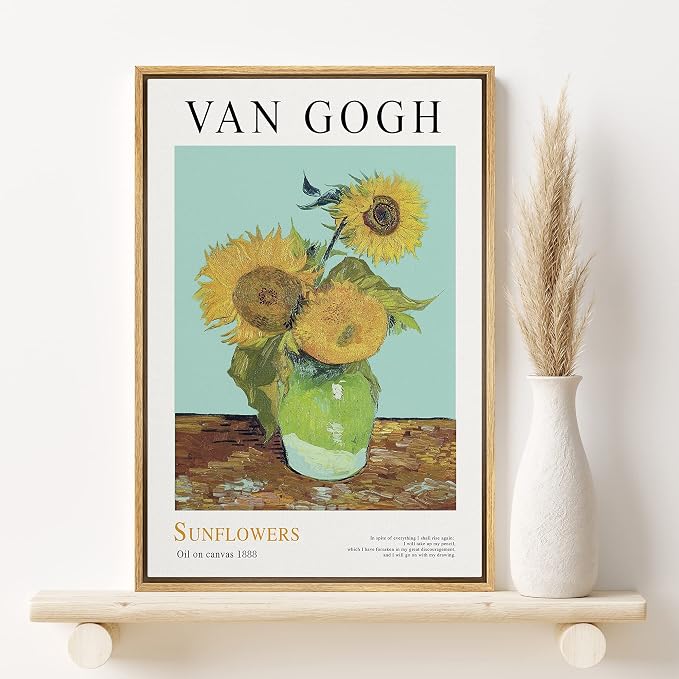 SIGNLEADER Framed Canvas Print Wall Art Van Gogh Sunflower Oil on Canvas Decorative Brushstroke Illustrations Fine Art Colorful Multicolor Warm for Living Room, Bedroom, Office - 16"x24" Natural