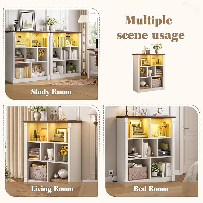 EnHomee 7 Cube Storage Organizer, Small Bookshelf with LED Light and Charging Station, Wood Book Shelf, Farmhouse Bookshelf for Living Room, Bedroom, Home Office,White