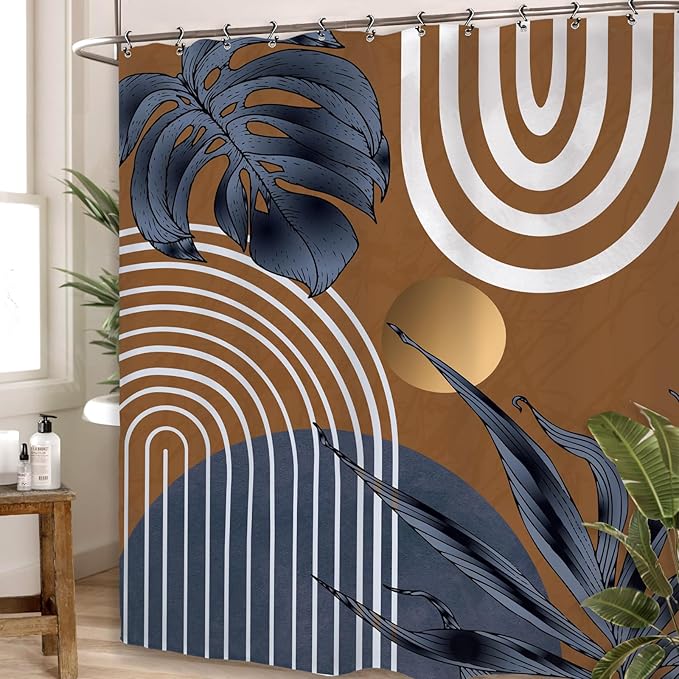 Yookeb Abstract Navy Blue Brown Bathroom Shower Curtain 60W by 71H Inch Modern Minimalist Mid Century Plant Leaves Aesthetic Neutral Vintage Contemporary 12 Plastic Hooks Waterproof Decor