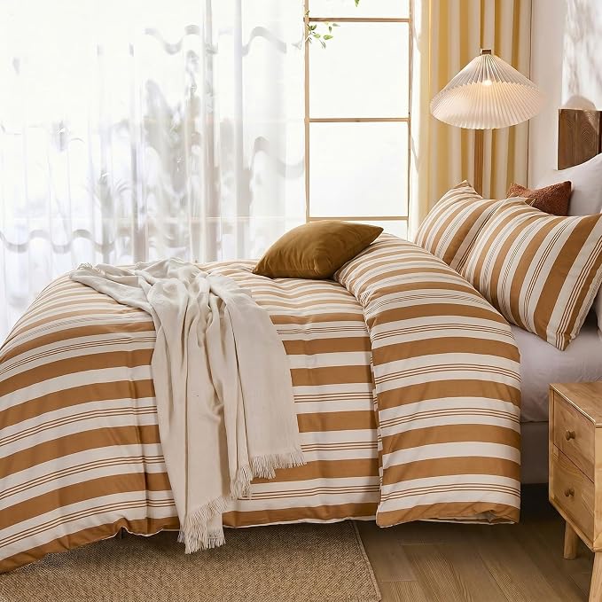 Merryword Khaki Striped Duvet Cover Set Queen Size, 100% Cotton Bedding Set with Zipper Closure & 8 Corner Ties, Awning Stripe Bedding, Soft Breathable Comforter Cover for All Seasons