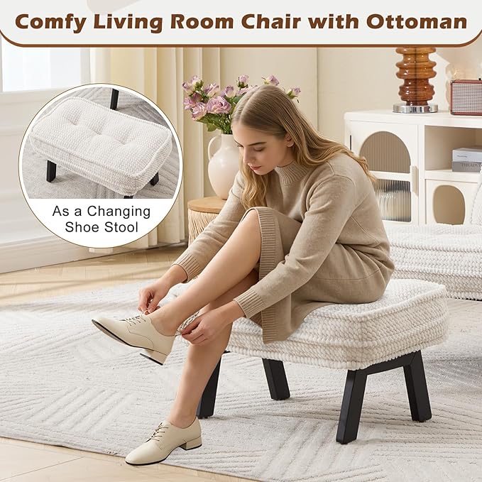 ANJ Accent Chair with Ottoman Adjustable Backrest, Beige Living Room Chair Tufted Upholstered Lounge Chair with Footrest Set, Modern Chair Cozy Reclining Chair for Reading Room Bedroom