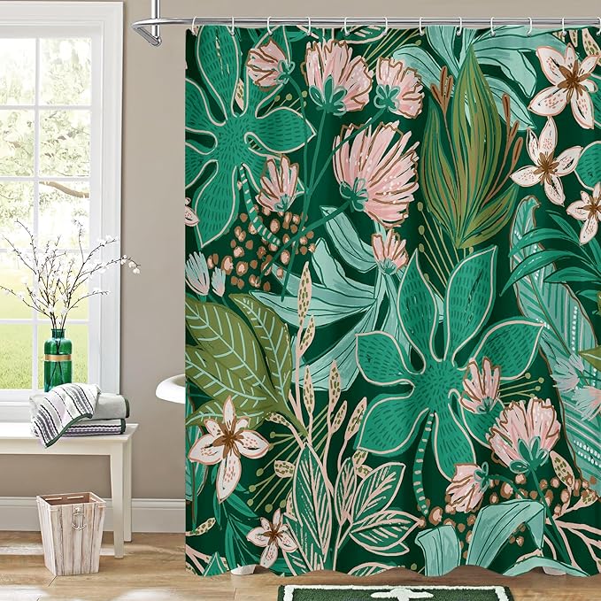 MitoVilla Boho Floral Green Shower Curtain, Spring Flower Shower Curtains for Rustic Vintage Bathroom Decor, Chic Elegant Fabric Cloth Shower Curtain, Summer Tropical Leaves, 72x72