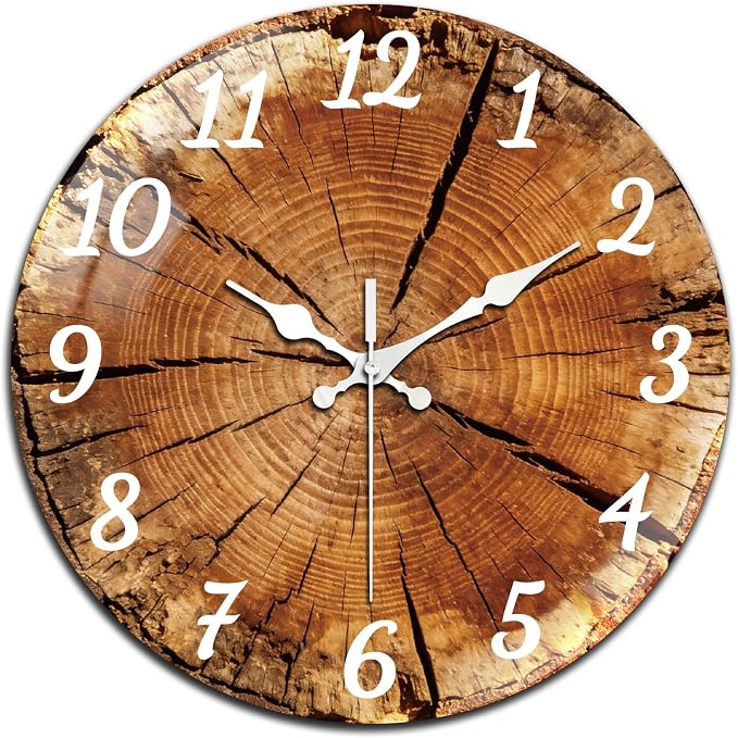 peacoblue Wall Clocks Battery Operated 12 Inch Wood Tree Stump Glass Round Wall Clock Non Ticking for Kitchen Living Room Dining Room Bedroom and Bathroom Decor Accessories (Battery not Included)