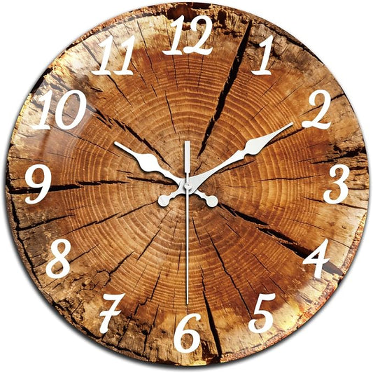 peacoblue Wall Clocks Battery Operated 12 Inch Wood Tree Stump Glass Round Wall Clock Non Ticking for Kitchen Living Room Dining Room Bedroom and Bathroom Decor Accessories (Battery not Included)
