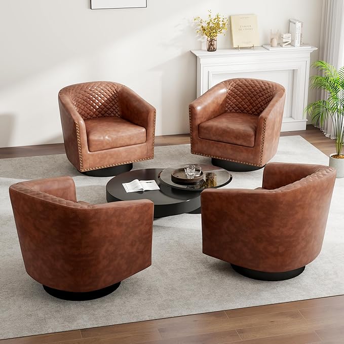 Swivel Barrel Accent Chair Set of 2, Comfy Modern Upholstered Round Faux Leather Arm Chair for Living Room, Bedroom, Brown