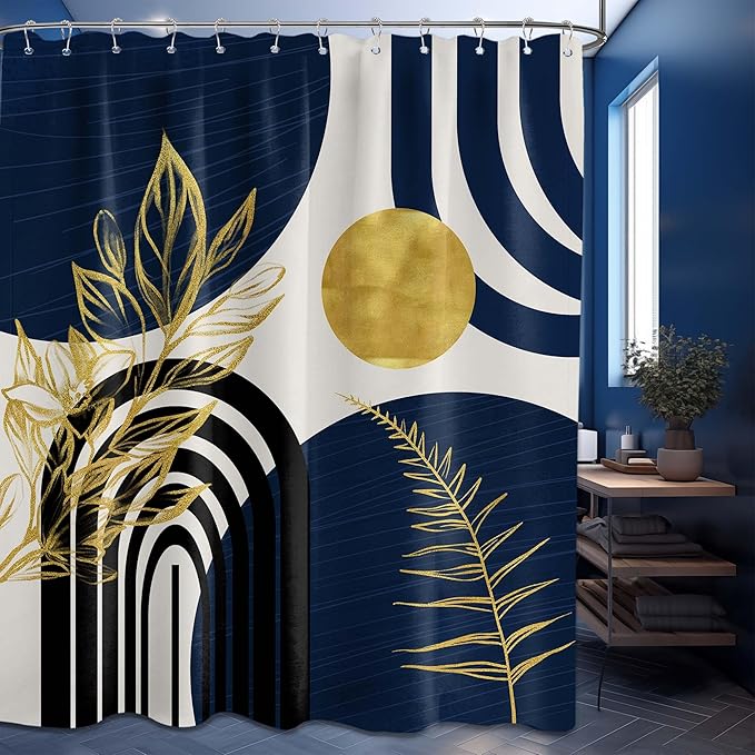 Mid Century Modern Navy Blue Shower Curtain Boho Dark Blue and Gold Leaves Shower Curtains for Mens Bathroom Decor Sets, Waterproof Cloth Fabric with Hooks, 60x72in