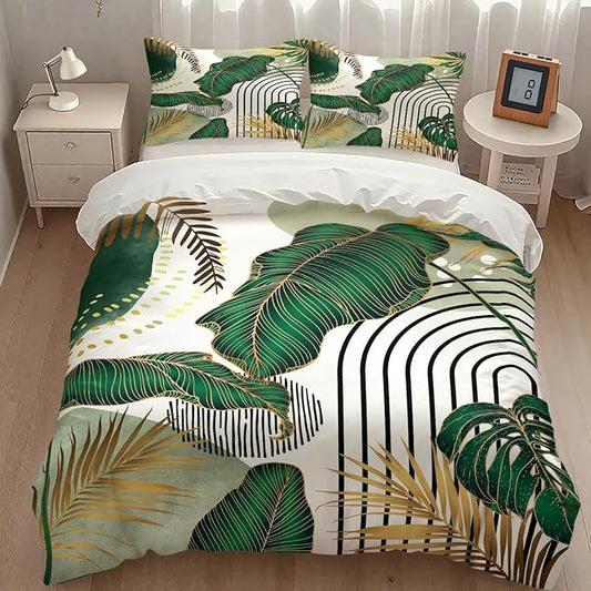 Boho Bedding Set,Modern Abstract Tropical Monstera Palm Leaf Plant Minimalist Spring Summer Bohemian Mid Century Comforter Set with Pillowcase for Bedroom Bed Decor,King 102"x90"