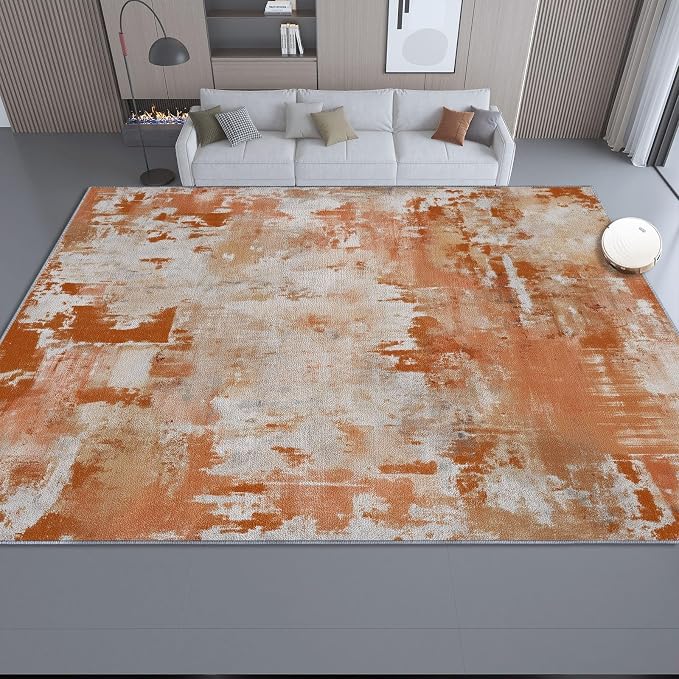 5x6 Washable Area Rug, Orange Color Retro Distressed Textured Design Non Slip Non-Shedding Rug Easy Care for Living Room Bedroom Kitchen Office Carpet