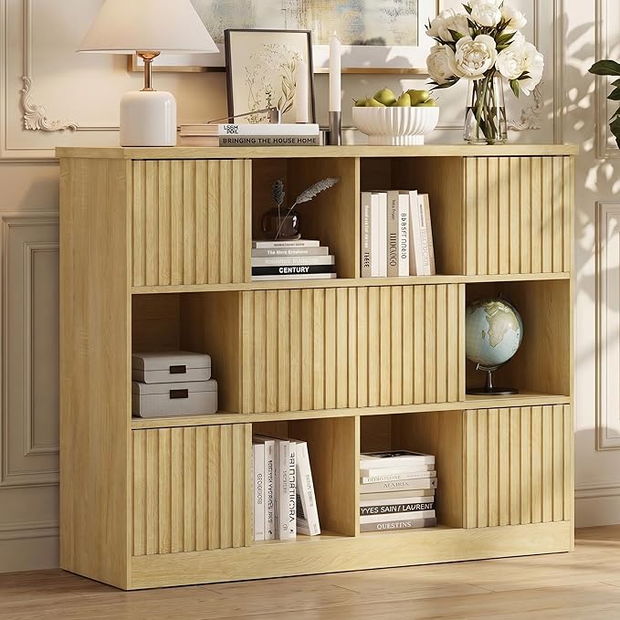 Einhomn 12 Cube Storage Organizer with Sliding Doors, Modern Fluted Bookshelf with Storage Cabinet, Wooden Bookcase with 6 Open Shelves for Living Room, Home Office, Bedroom, Natural