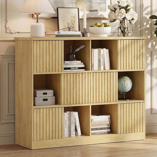 Einhomn 12 Cube Storage Organizer with Sliding Doors, Modern Fluted Bookshelf with Storage Cabinet, Wooden Bookcase with 6 Open Shelves for Living Room, Home Office, Bedroom, Natural