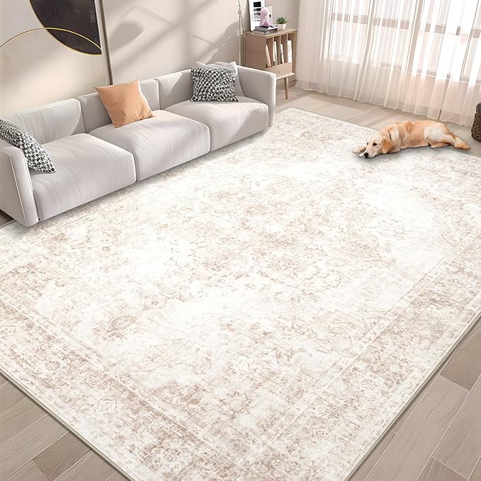 Area Rug 6x9 Vintage Rug: Washable Indoor Medallion Rugs Low Pile Distressed Floor Carpet Retro Accent Rug for Living Room Bedroom Kitchen Dining Table Home Office(Retro Beige, 6'x9')