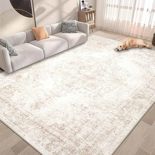 Area Rug 6x9 Vintage Rug: Washable Indoor Medallion Rugs Low Pile Distressed Floor Carpet Retro Accent Rug for Living Room Bedroom Kitchen Dining Table Home Office(Retro Beige, 6'x9')