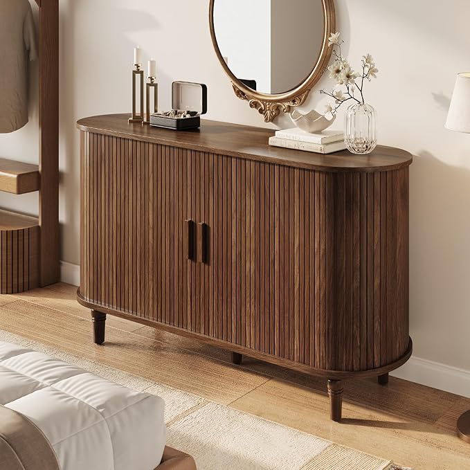 Sideboard Buffet Cabinet with Storage - Accent Kitchen Credenza Console Table with Sliding Door & Adjustable Shelf, Fluted Coffee Bar Sideboards for Living Room, Dining Room, Entryway, Walnut
