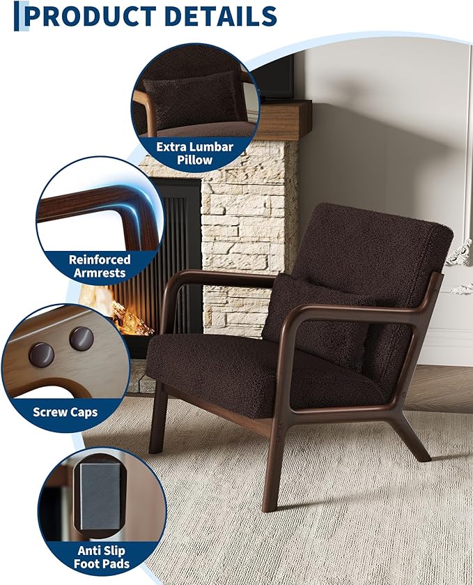 Garvee Mid-Century Modern Accent Chair, Sherpa Upholstery, Solid Wood Armchair with Removable Lumbar Pillow, Sturdy Reading Chair for Living Room, Bedroom, Guest Room, Easy Assembly, Brown