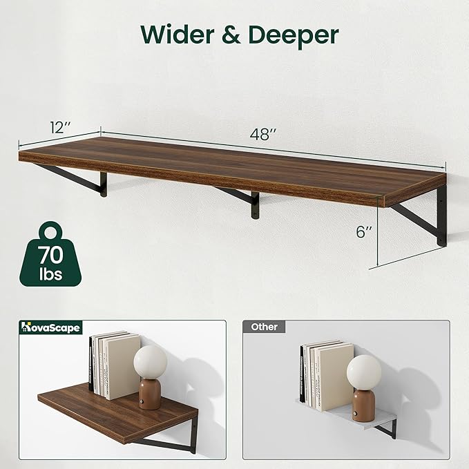 Floating Shelves, 12 Inch Deep Rustic Wood Wall Storage, 48W x 12D Wall Shelves Set of 2, Heavy Duty Metal Brackets, Large Industrial Book Shelf for Living Room, Kitchen, Bedroom, Walnut