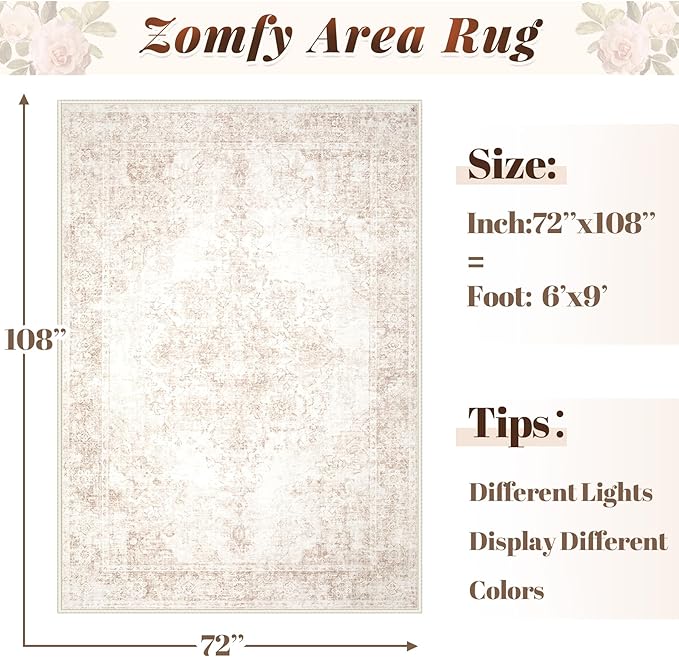 Area Rug 6x9 Vintage Rug: Washable Indoor Medallion Rugs Low Pile Distressed Floor Carpet Retro Accent Rug for Living Room Bedroom Kitchen Dining Table Home Office(Retro Beige, 6'x9')
