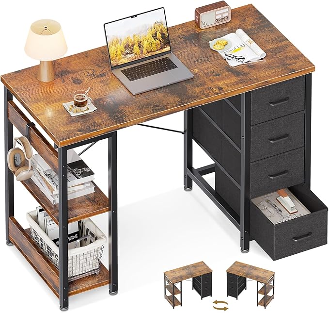 ODK 40 Inch Small Computer Desk with 4 Fabric Drawers, Modern Writing PC Desk for Small Spaces, Study & Home Office Desk with Storage Shelves, Vintage