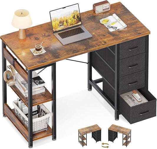 ODK 40 Inch Small Computer Desk with 4 Fabric Drawers, Modern Writing PC Desk for Small Spaces, Study & Home Office Desk with Storage Shelves, Vintage