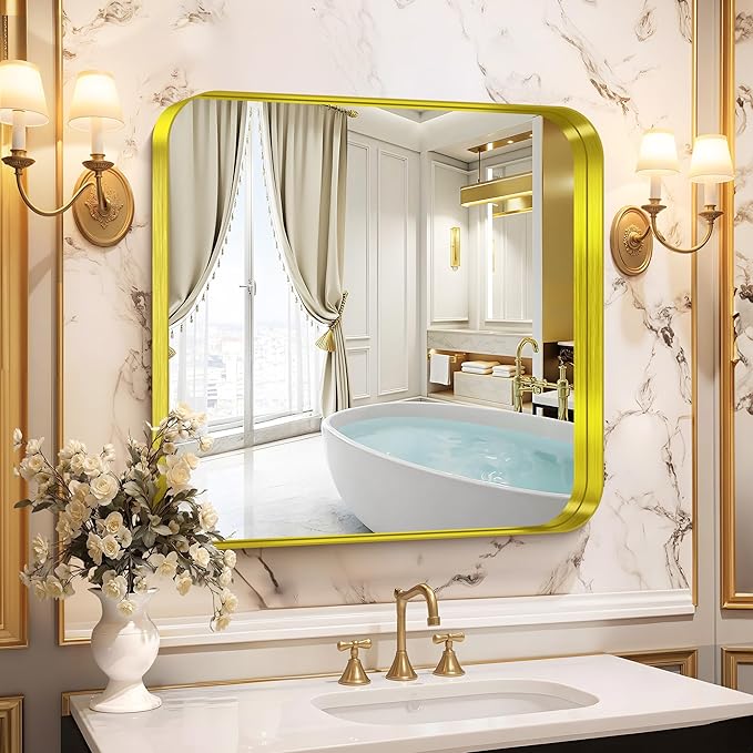 CIRCUMI Gold Bathroom Mirror, 30"x30" Rectangular Mirror with Deep Metal Frame, Rounded Corner, Tempered Glass, Square Mirror for Wall, Oversink, Bedroom, Living Room, Vanity, Entryway, Crystal-Clear