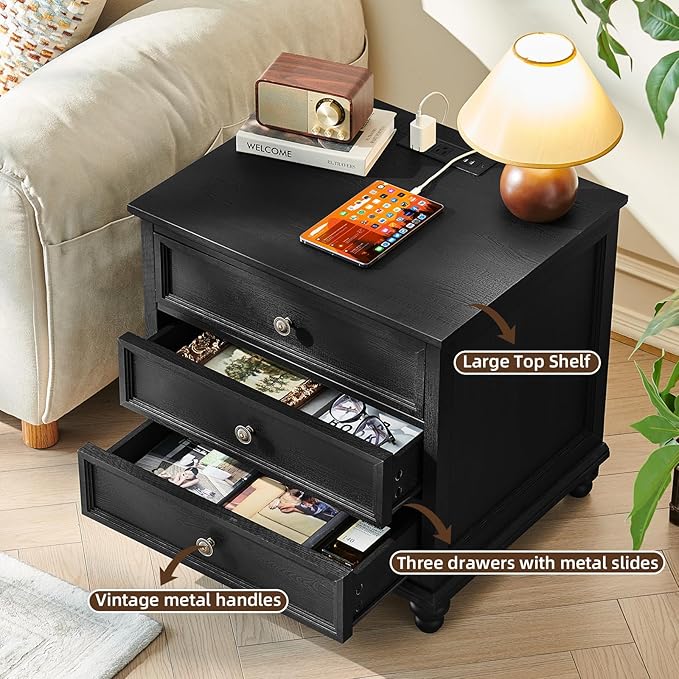 Farmhouse Nightstand Set of 2 with Charging Station, 24" Wide End Table with 3 Drawers,Dresser for Bedroom,Bed Side Table Chest of Drawers Cabinet,Wood Black Night Stand for Living Room
