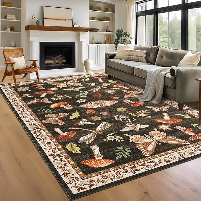Washable 9x12 Area Rugs Living Room Large Rug Boho Vintage Floral Carpet Soft Bedroom Indoor Floor Mats Non-Slip Farmhouse Rustic Style Carpet for Nursery Dining Room Home Decor Office, Brown