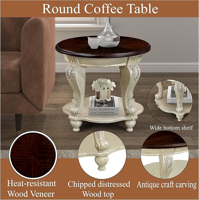 JIJIWANG Retro Oval End Table with Buttom Shelf for Small Space Solid Wood Round Sofa Table with Antique Carved Legs, Beige