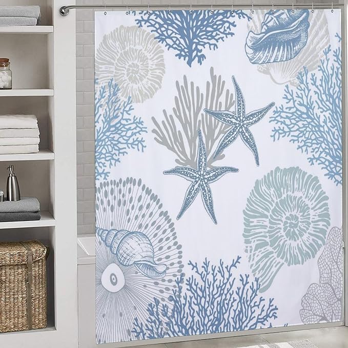 Nautical Coastal Shower Curtain,Summer Coral Starfish Seashell Blue Ocean Beach Shower Curtains for Bathroom Waterproof Polyester Fabric Bathroom Curtain with Hooks,72x72Inch