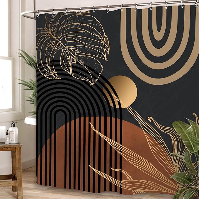 Yookeb Abstract Black Mid Century Bathroom Shower Curtain 60W by 71H Inch Minimalist Aesthetic Modern Contemporary Polyester Fabric 12 Plastic Hooks Waterproof Decor