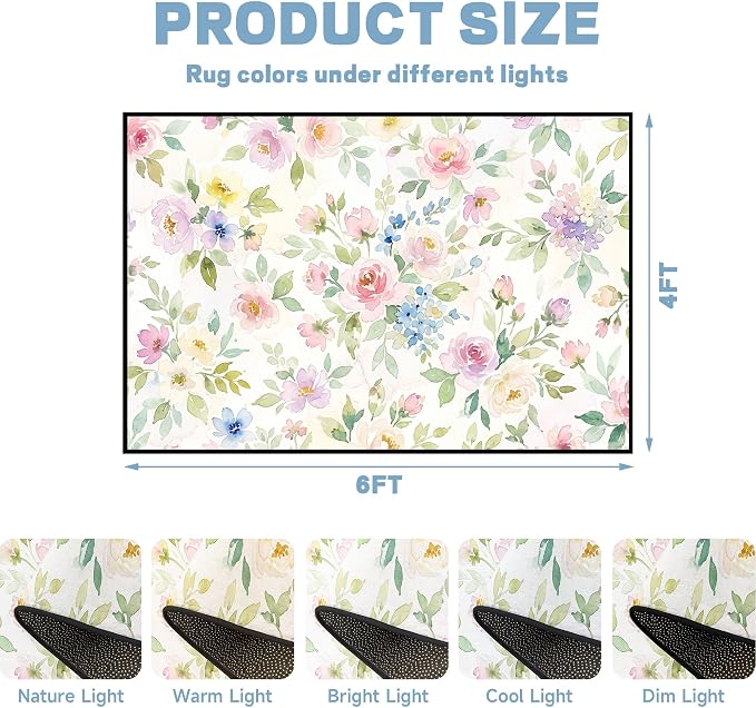 Watercolor Floral Rug 4'x6' Soft Pastel Botanical Area Rug for Entryway Bedroom Living Room Nursery Kitchen Playroom Home Decor Low Pile Non-Slip Washable Carpet