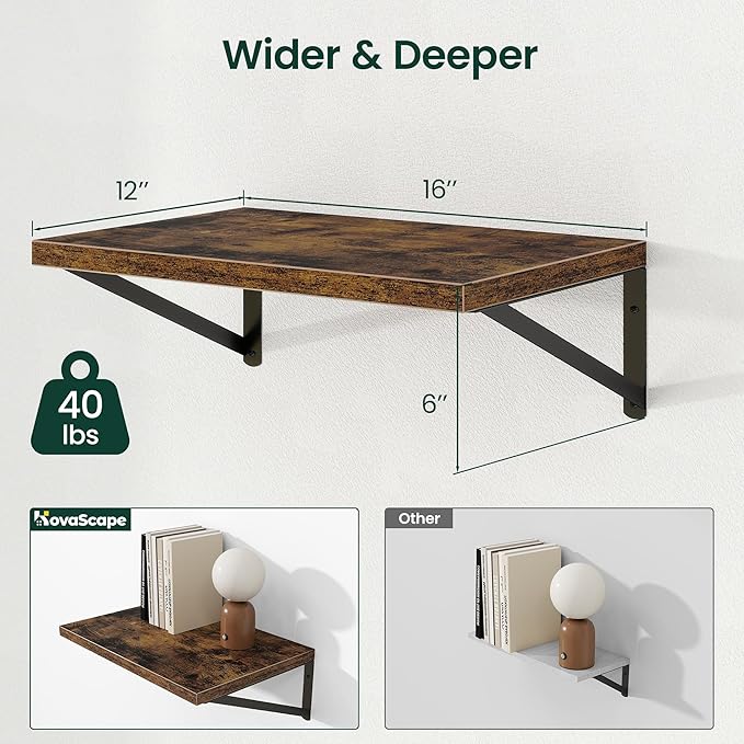 Floating Shelves, 12 Inch Deep Rustic Wood Wall Storage, 16W x 12D Wall Shelves Set of 2, Heavy Duty Metal Brackets, Large Industrial Book Shelf for Living Room, Kitchen, Bedroom, Brown