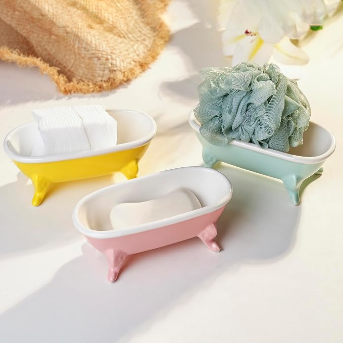 6.7" Ceramic Mini Clawfoot Bathtub Bar Soap Dish, Decorative Bar Soap Holder, Soap Tray Sponge Holder for Shower, Bathroom & Kitchen Sink (Yellow)