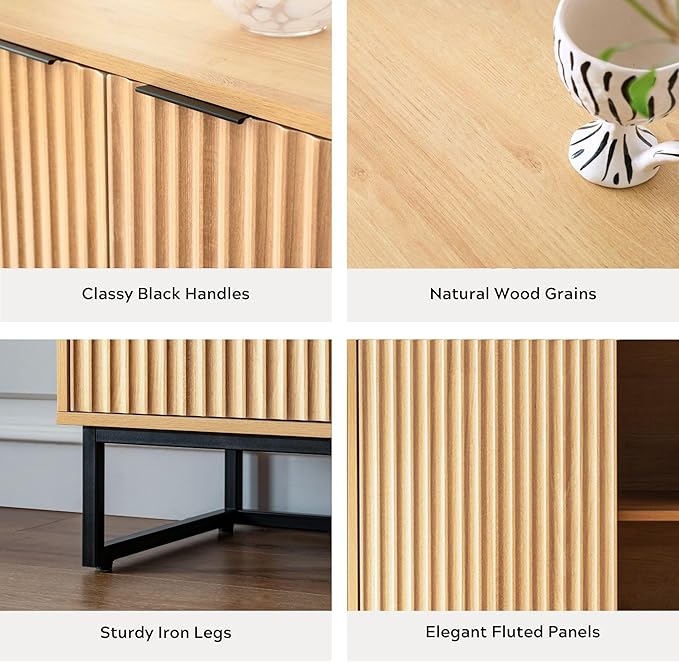 Fluted Storage Cabinets Set of 2, Sideboard Buffet Cabinet Modern Accent Cabinets with Adjustable Shelves, Credenza, Console Table Entryway Cabinet for Living Room, Natural Oak